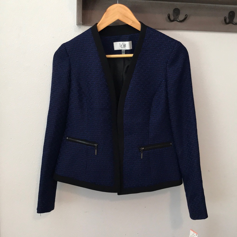 Le Suit blazer jacket, open front, Sapphire Black, 2 front zipper pocket…